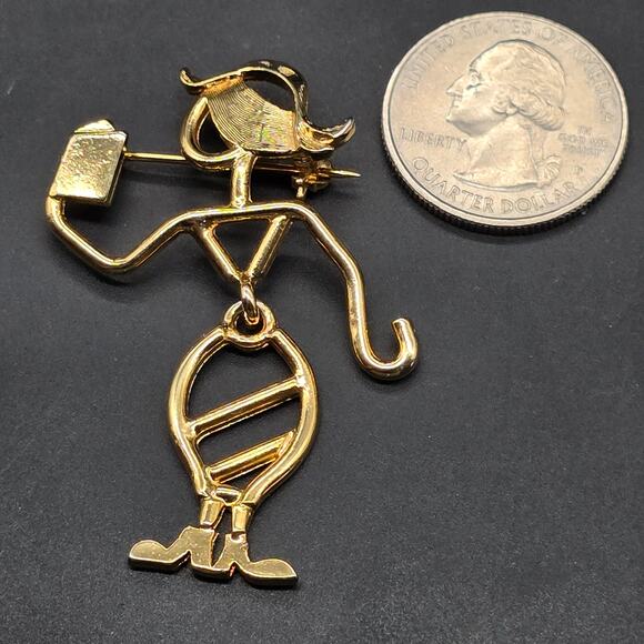 KK/ED Signed Book Lover Brooch Stick Figure Lady Reading Book Gold Tone - Picture 7 of 8